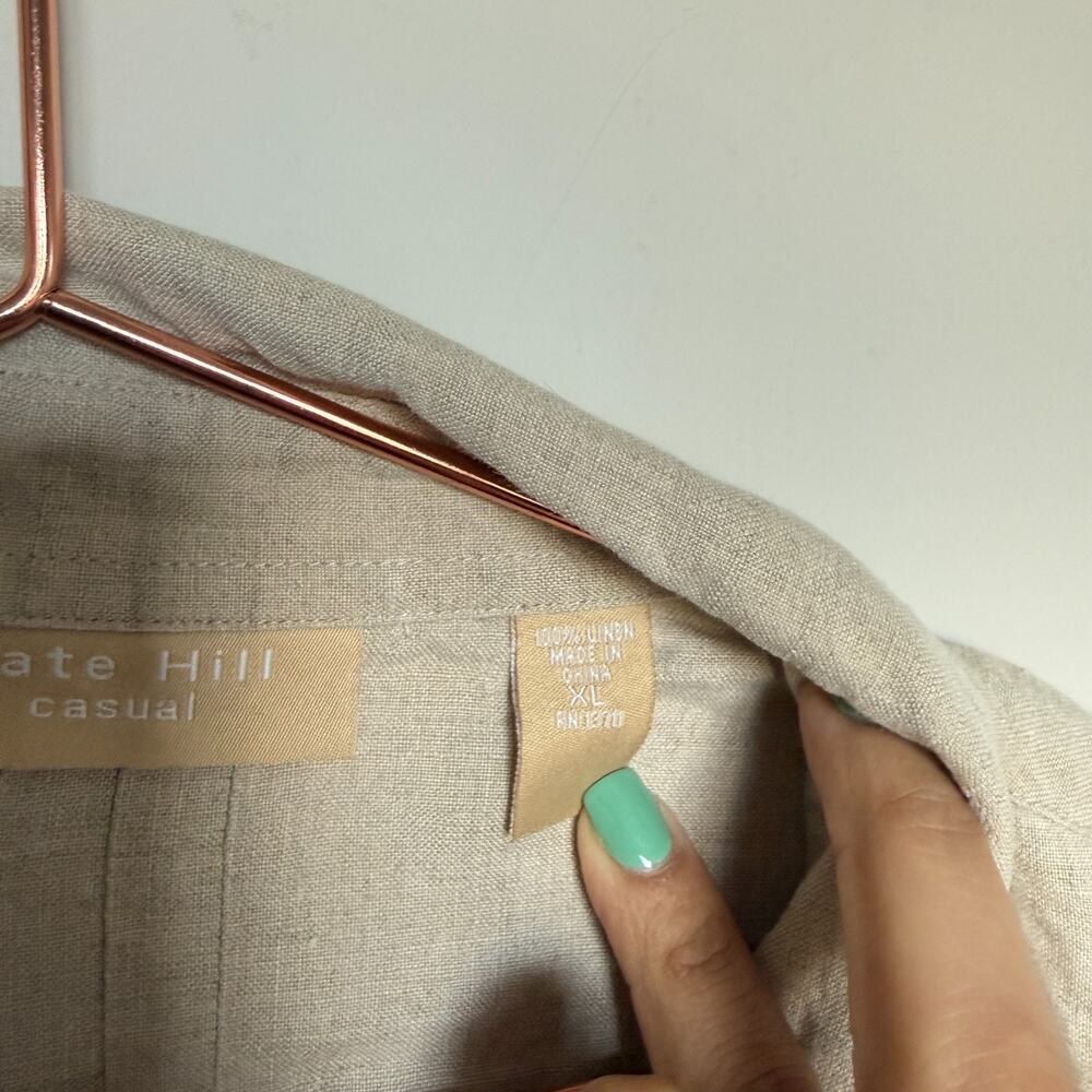 Kate Hill 100% Linen Blouse XL Beige Button Roll Tab Sleeves Old Money Coastal - Picture 5 of 7